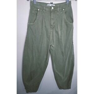 Zara Barrel Leg Pants Green High Rise Cropped Tapered Size 2